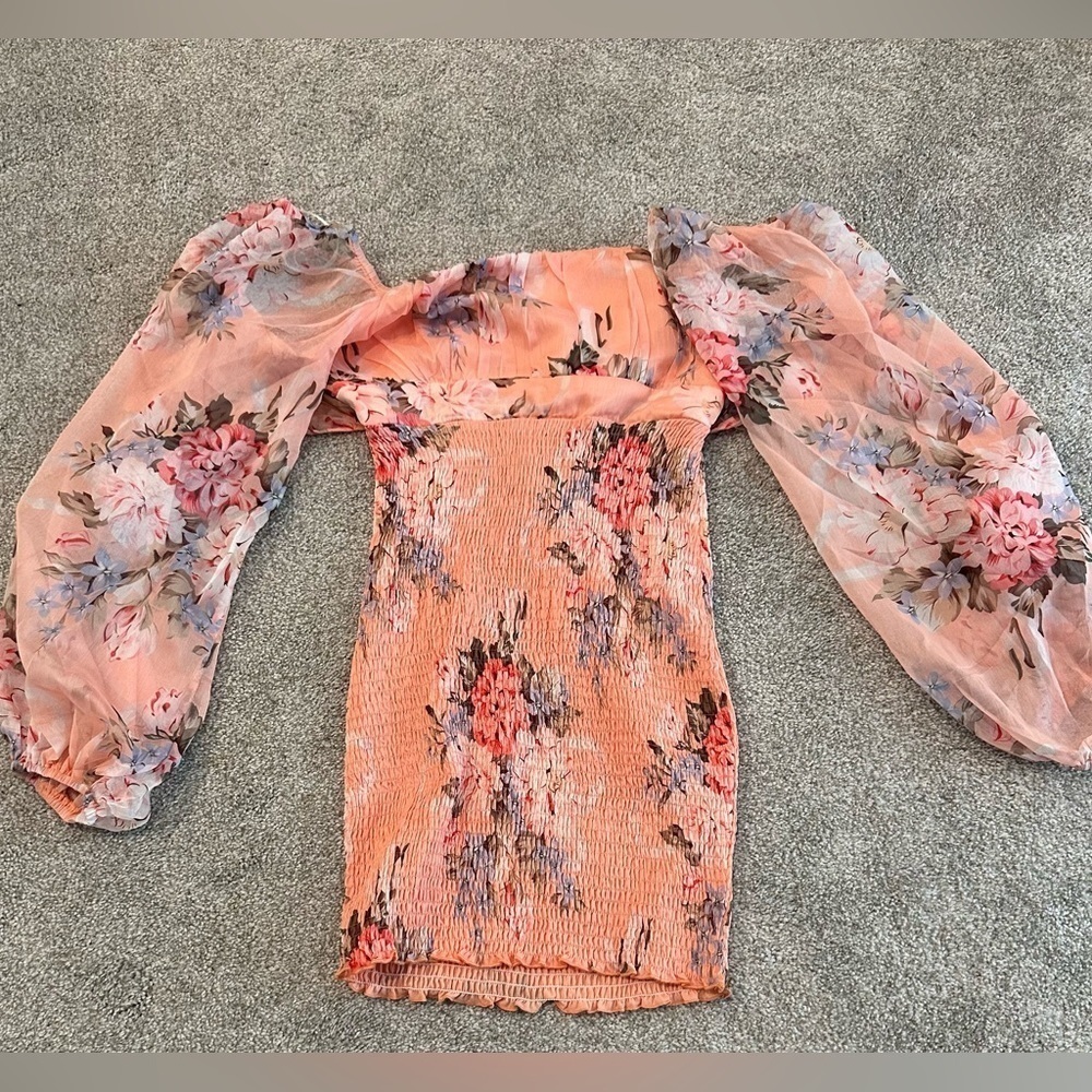 Hello Molly Peach Floral Off-Shoulder Puff Sleeve Dress